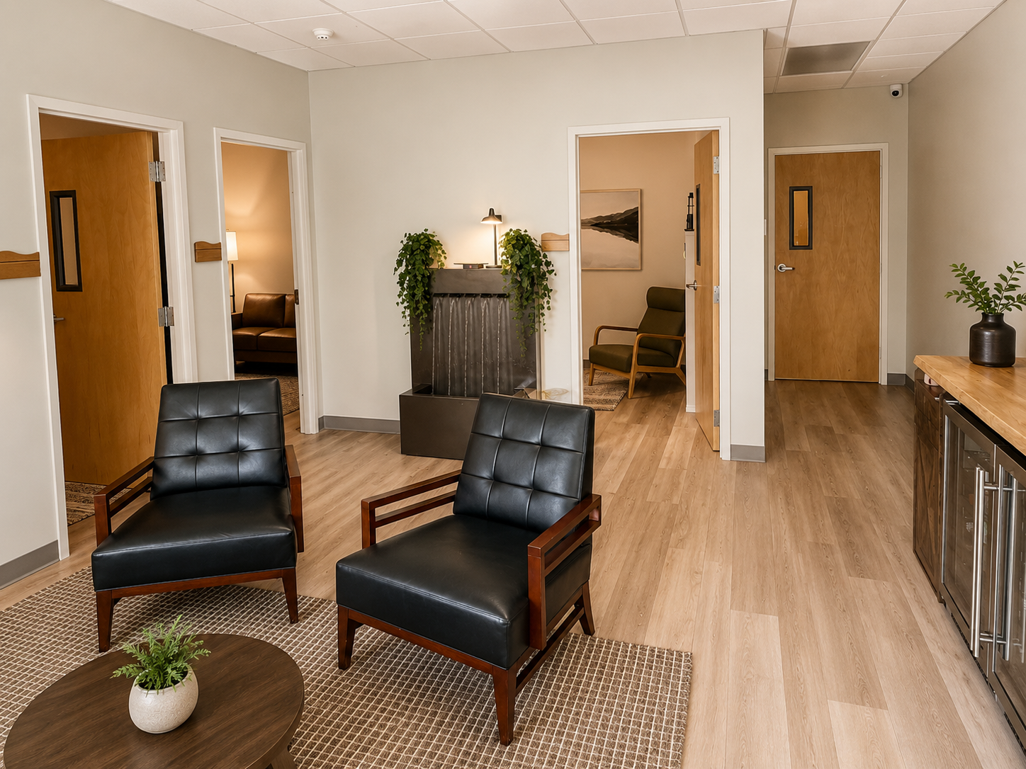 Waiting area with seating and water feature at Cadence Wellness